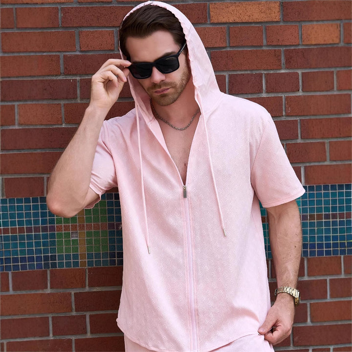 Herren Sportliches Kurzarm-Hemd mit Kapuze und Reißverschluss Aliams