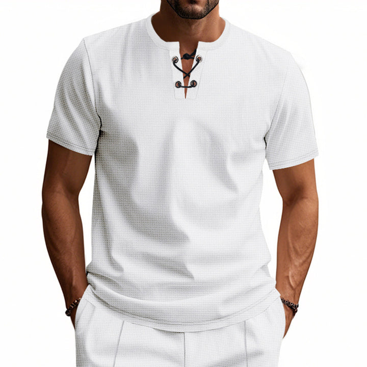 Herren Kurzarm-Henley-T-Shirt mit dekorativem Knopfverschluss Aliams