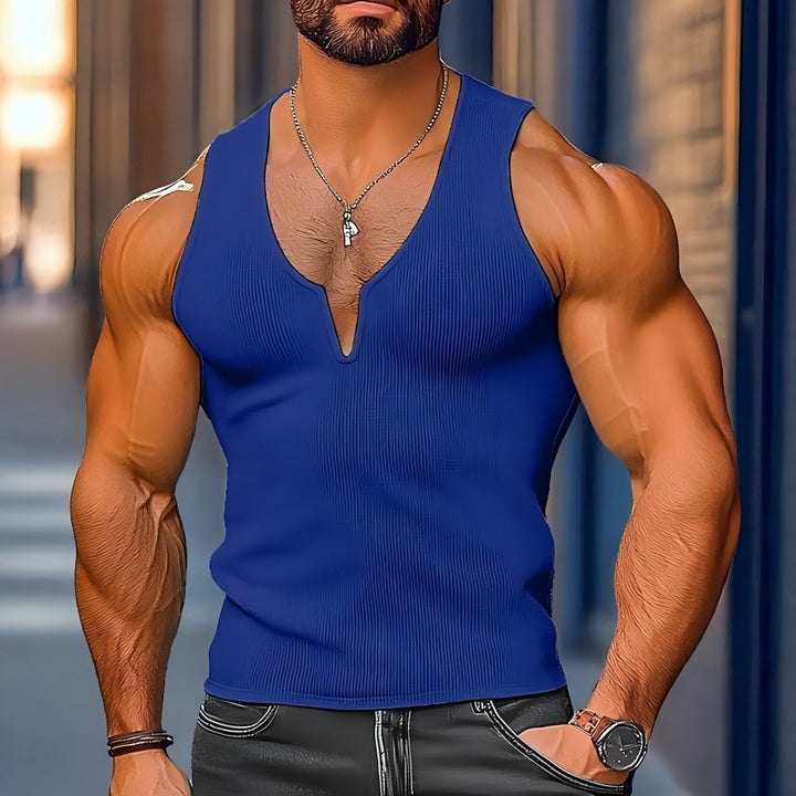 Herren Sportliches Muskelshirt mit V-Ausschnitt und Rippstruktur Aliams