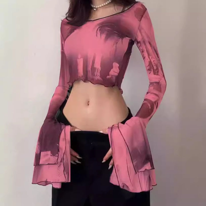 Damen Crop-Top mit transparenten Ärmeln und kunstvollem Druck Aliams