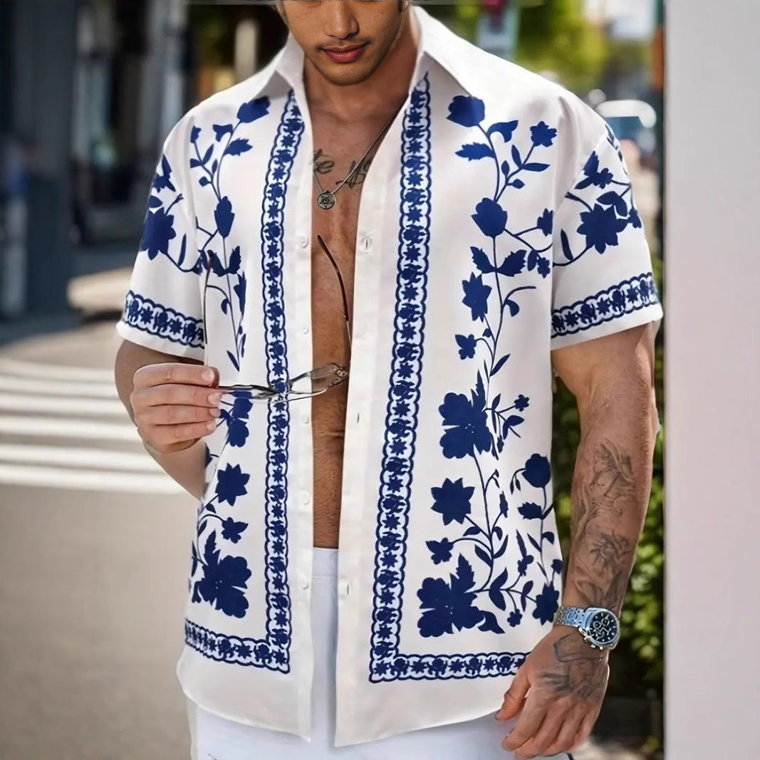 Herren Freizeithemd mit floralem Stickdesign und kurzärmeliger Passform Aliams