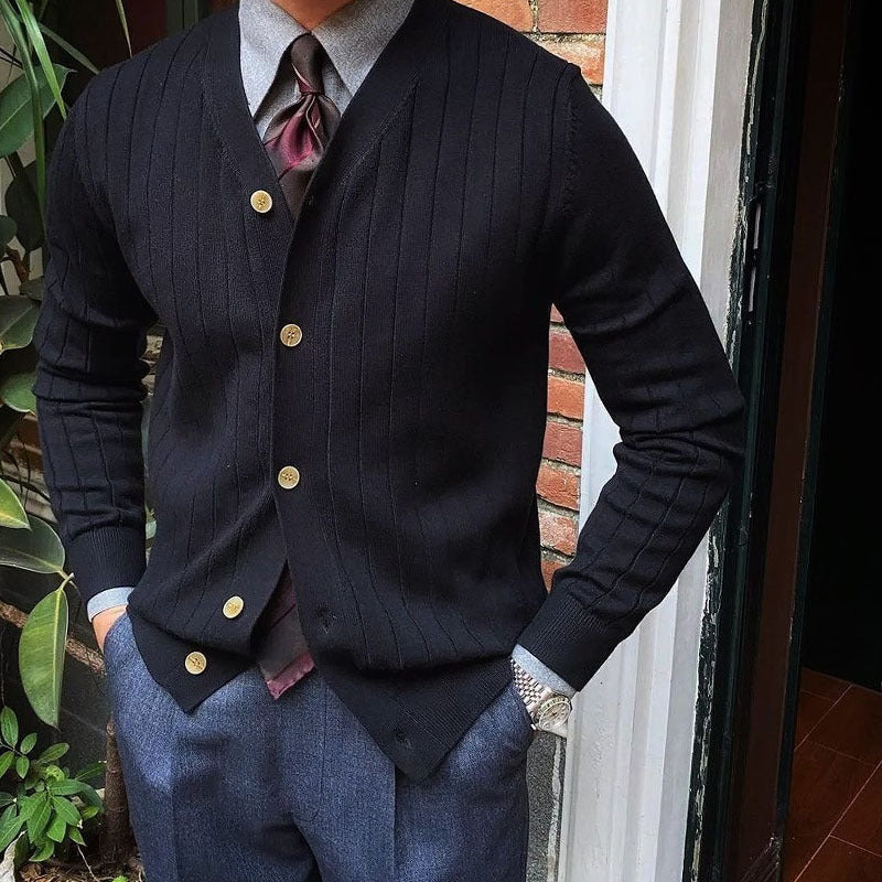 Herren elegante Strickjacke mit feiner Rippenstruktur und Knopfdetails Aliams