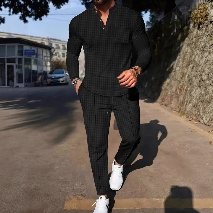 Herren Freizeitanzug mit modischem Stehkragen und Knopfleiste Aliams