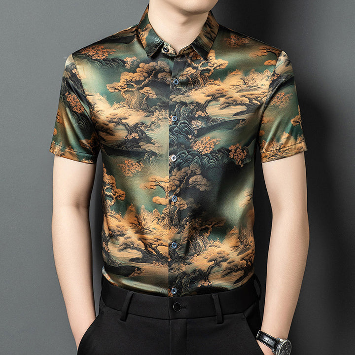 Herren Kurzarmhemd im modernen asiatischen Stil mit kunstvollem Druck Aliams