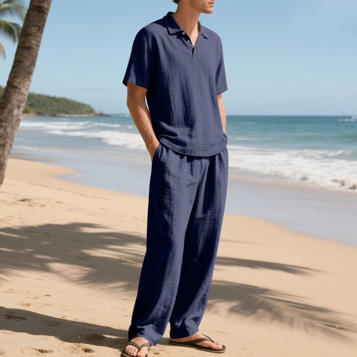 Herren elegantes Leinen-Set mit Kurzarmoberteil und weitem Hosenstil Aliams