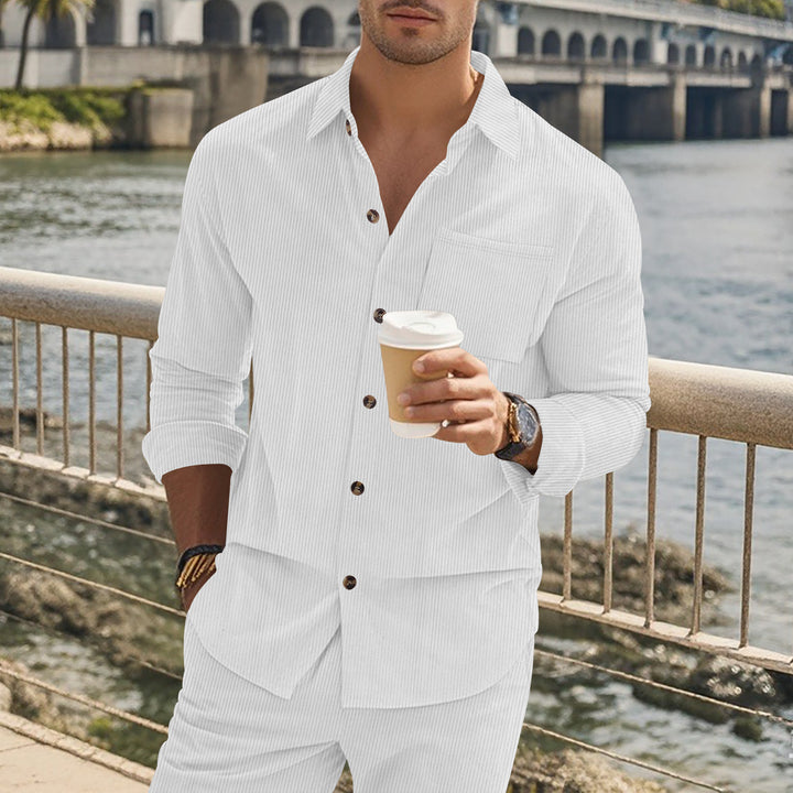 Herren gestreiftes Langarmshirt mit modischem Stehkragen und praktischer Brusttasche Aliams