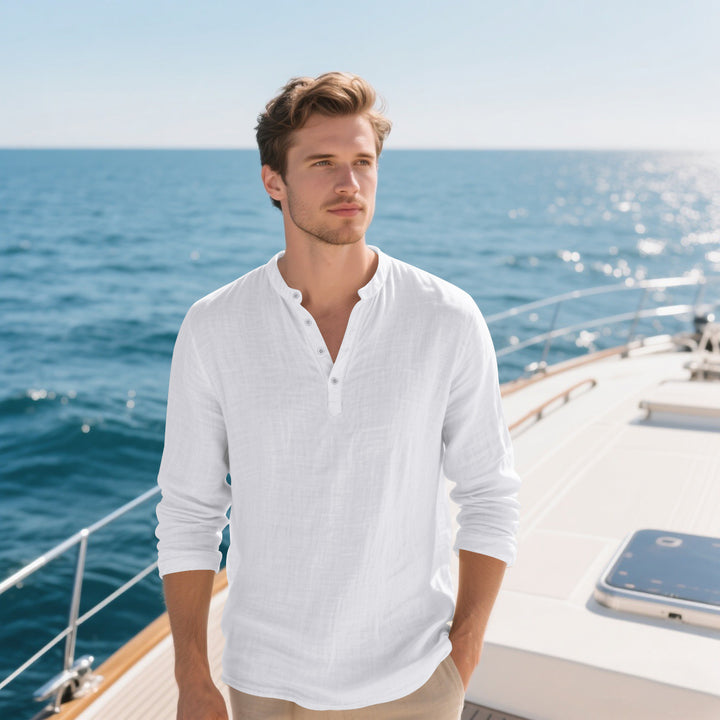 Herren elegantes Langarmhemd mit modischem Stehkragen und strukturierter Oberfläche Aliams