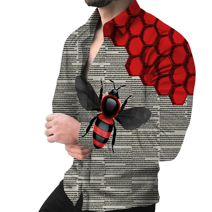 Herren Kreatives Langarmhemd mit künstlerischem Bienenmuster und strukturiertem Design Aliams