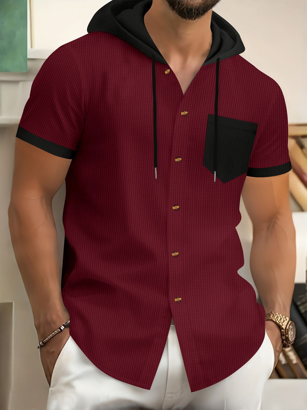 Herren Kurzarm-Hemd mit Kapuze und modischem Design Aliams