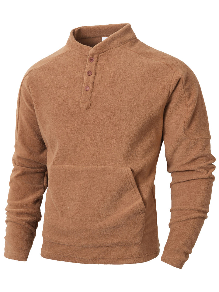 Herren Fleece-Pullover mit Knopfleiste und praktischer Kängurutasche Aliams