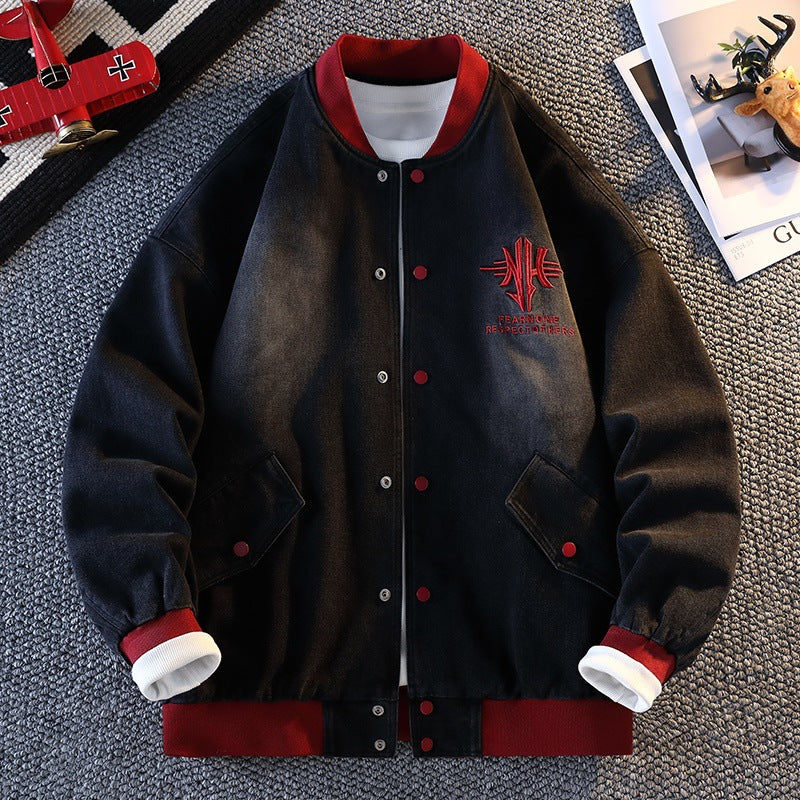 Herren sportliche Jeansjacke im College-Stil mit gesticktem Logo Aliams