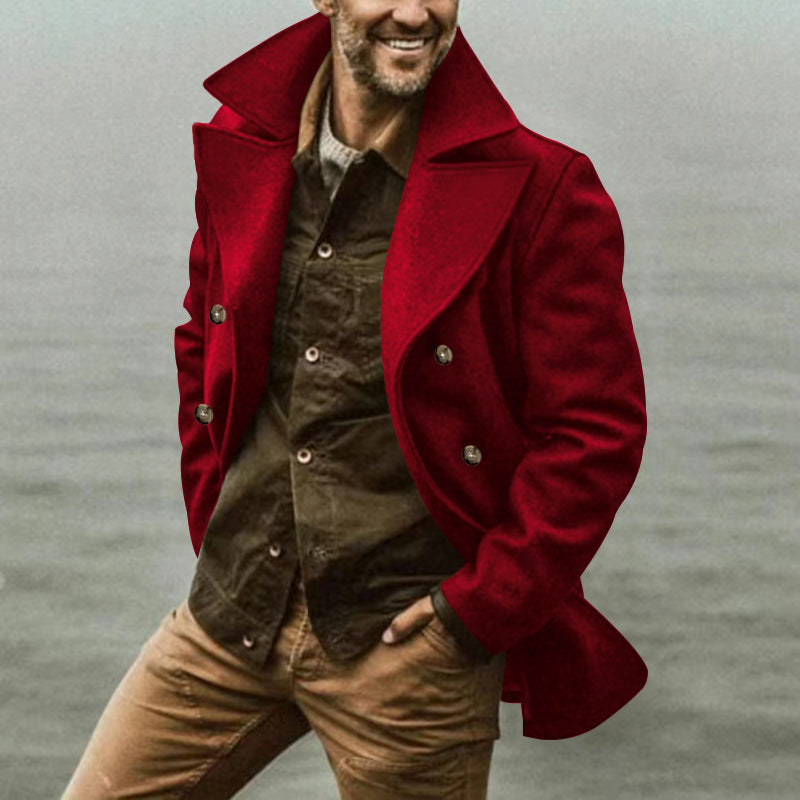 Herren eleganter, klassischer Wollmantel mit doppelter Knopfleiste und hohem Kragen Aliams