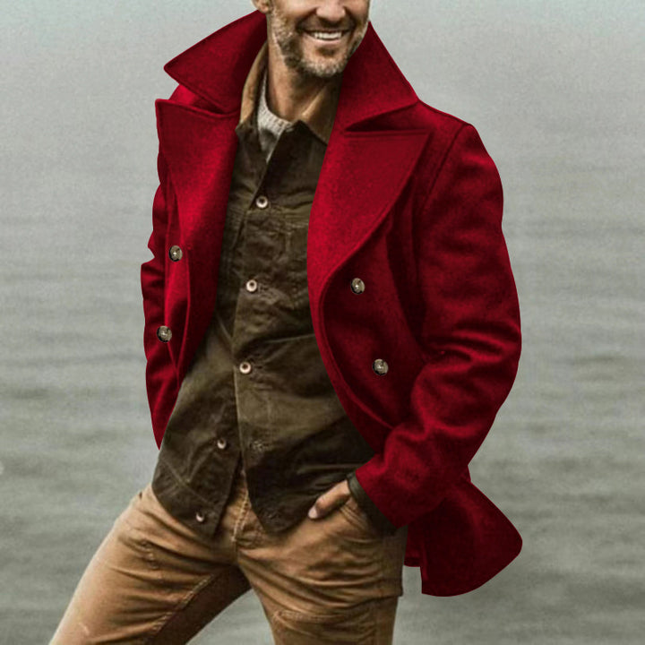 Herren eleganter, klassischer Wollmantel mit doppelter Knopfleiste und hohem Kragen Aliams