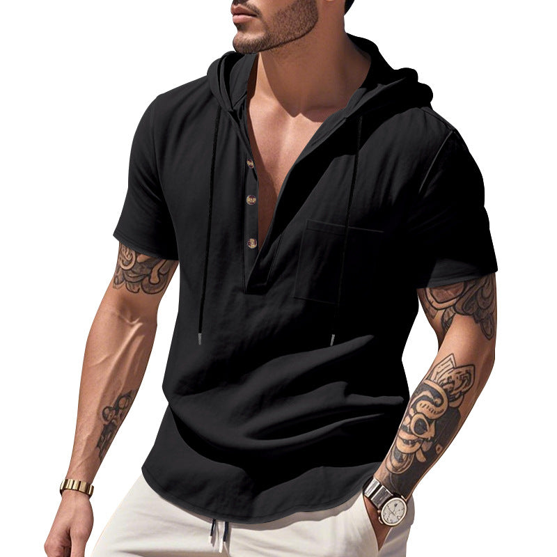 Herren Kurzarm-Henley-Shirt mit praktischer Kapuze und modischen Akzenten Aliams