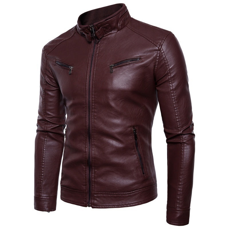 Herren elegante Kunstleder-Motorradjacke mit Stehkragen Aliams