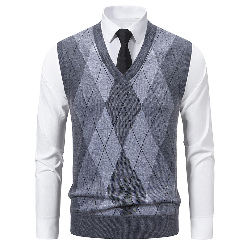 Herren V-Ausschnitt Strickpullover mit elegantem Rautenmuster Aliams