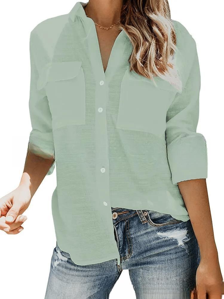 Damen leichte Sommerbluse mit zwei Brusttaschen und aufgerollten Ärmeln Aliams