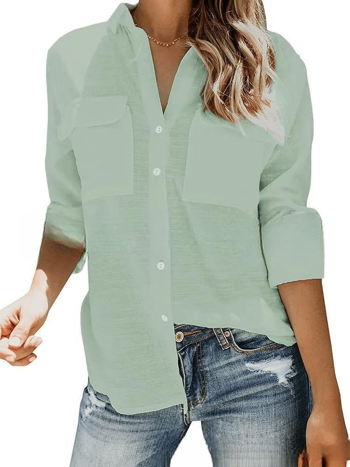 Damen leichte Sommerbluse mit zwei Brusttaschen und aufgerollten Ärmeln Aliams