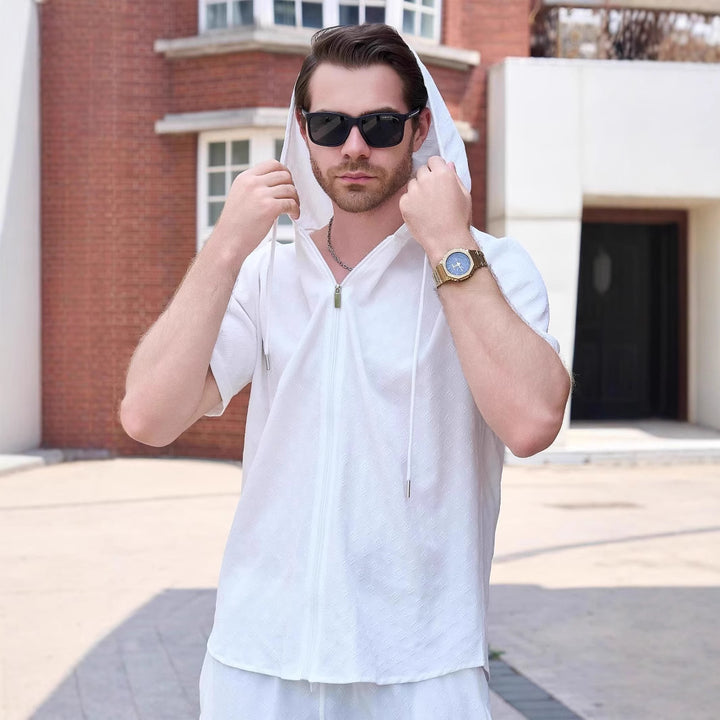 Herren Atmungsaktives Hoodie-Shirt mit kurzem Arm und durchgehendem Reißverschluss Aliams