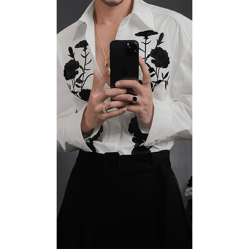 Herren Elegantes Langarmhemd mit floraler Stickerei Aliams