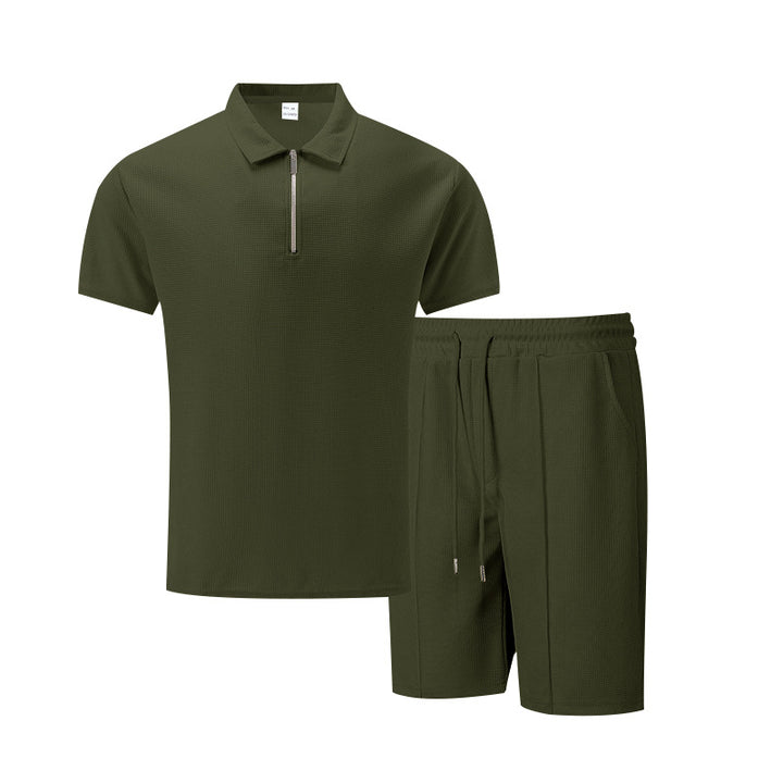 Herren sportliches Kurzarm-Poloshirt und Shorts-Set mit Reißverschluss Aliams