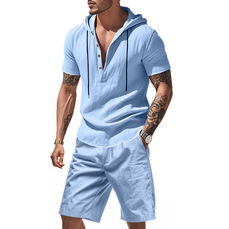 Herren Freizeit-Langarm-Hoodie mit Knopfleiste und Shorts Aliams