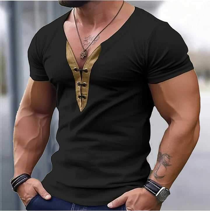 Herren Trendiges Kurzarmshirt mit dekorativem V-Ausschnitt und Knopfdetails Aliams