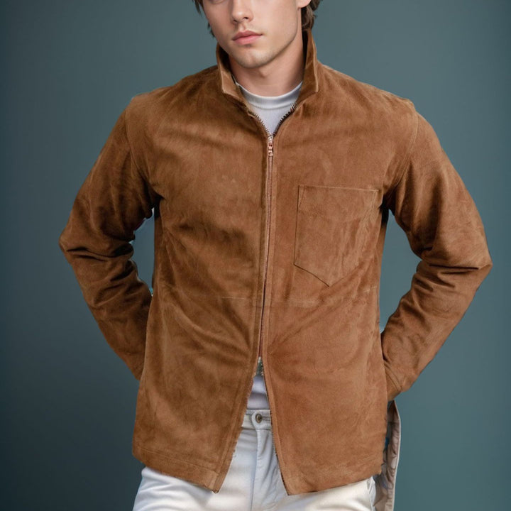 Herren schicke und lässige Wildlederjacke mit Stehkragen Aliams