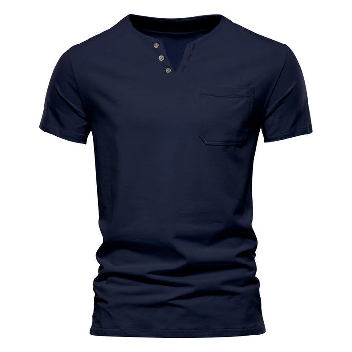 Herren Kurzarm-Henley-T-Shirt mit praktischer Brusttasche und anpassbarem Knopfverschluss Aliams