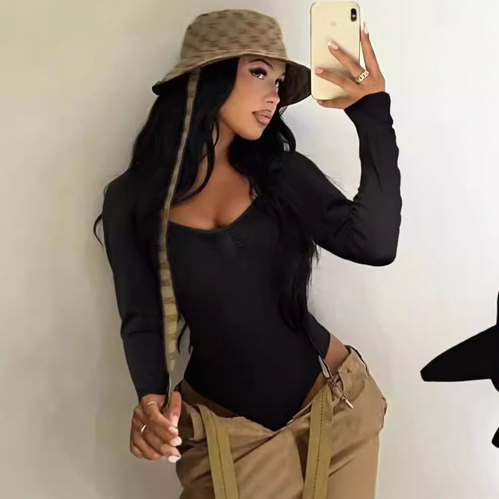 Damen Elegant geschnittener Langarm-Bodysuit mit Rüschendetails Aliams