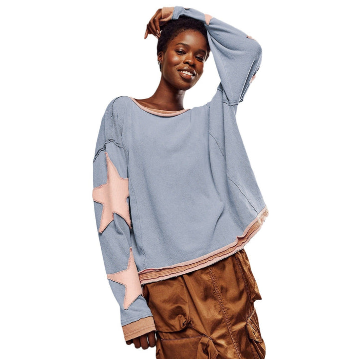 Damen Lässiger Sweatshirt mit Gestreiftem Design und Sternenapplikationen Aliams