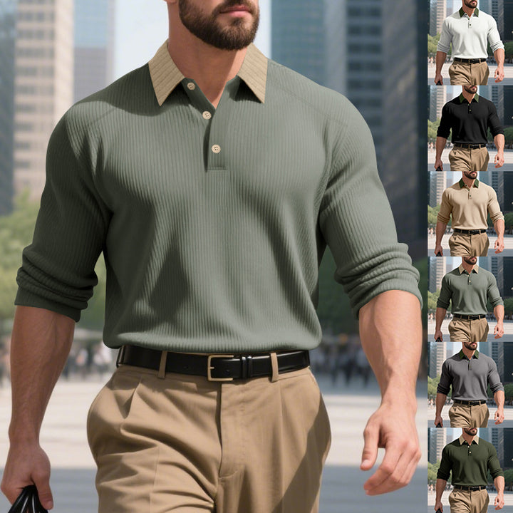 Herren elegantes Langarm-Polohemd mit strukturiertem Design und modischem Kragen Aliams