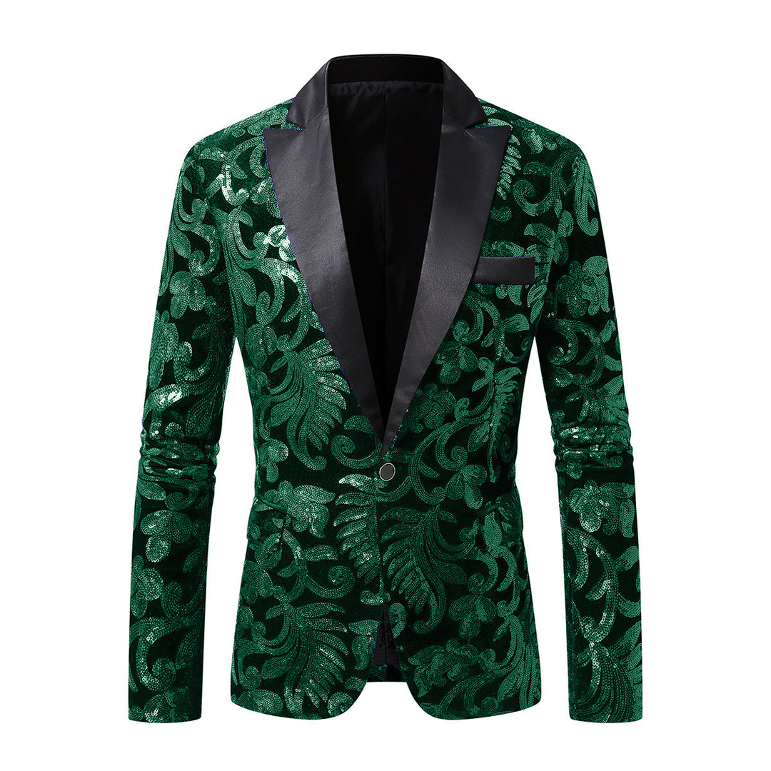 Herren Eleganter Pailletten-Blazer mit floralem Muster und satinierter Oberfläche Aliams