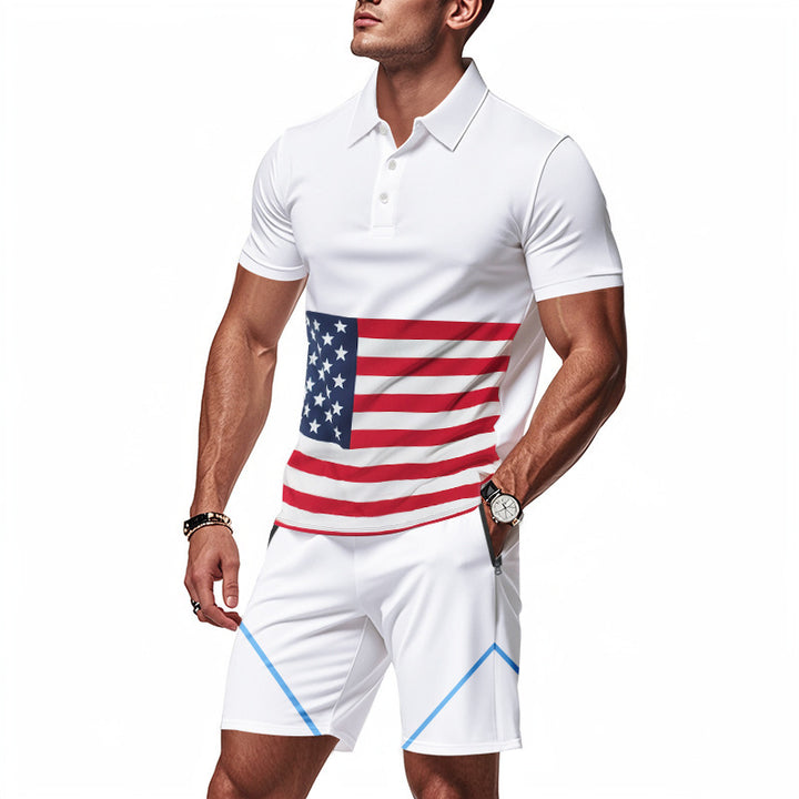 Herren Polo-Shirt und Shorts-Set mit Flaggenmotiven und modernem Schnitt Aliams
