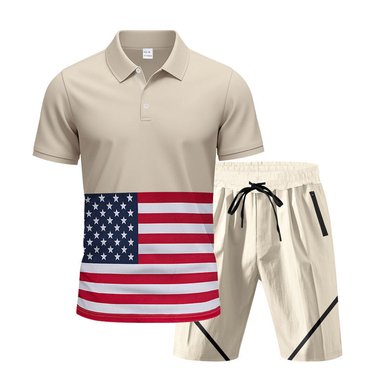 Herren Polo-Shirt und Shorts-Set mit Flaggenmotiven und modernem Schnitt Aliams