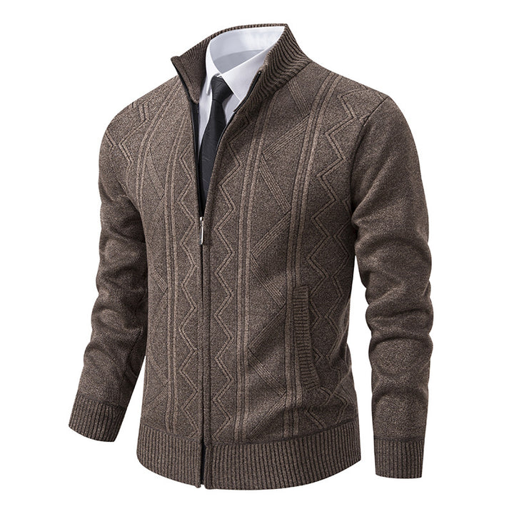 Herren elegante Strickjacke mit strukturiertem Zopfmuster und hohem Kragen Aliams