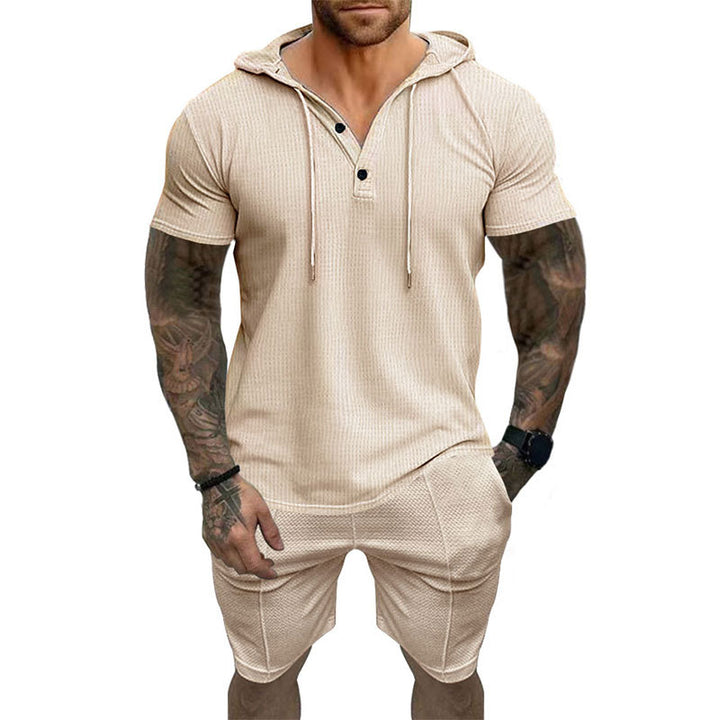 Herren Sportliches Kurzarm-Henley-Outfit mit Kapuze und Shorts Aliams