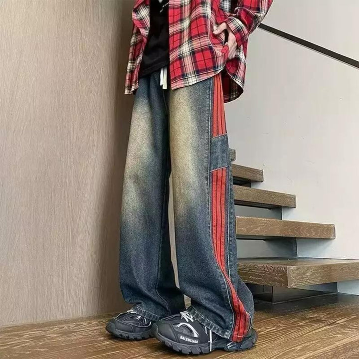 Herren weit geschnittene Denim-Hose mit seitlichen Streifen und Taschen Aliams