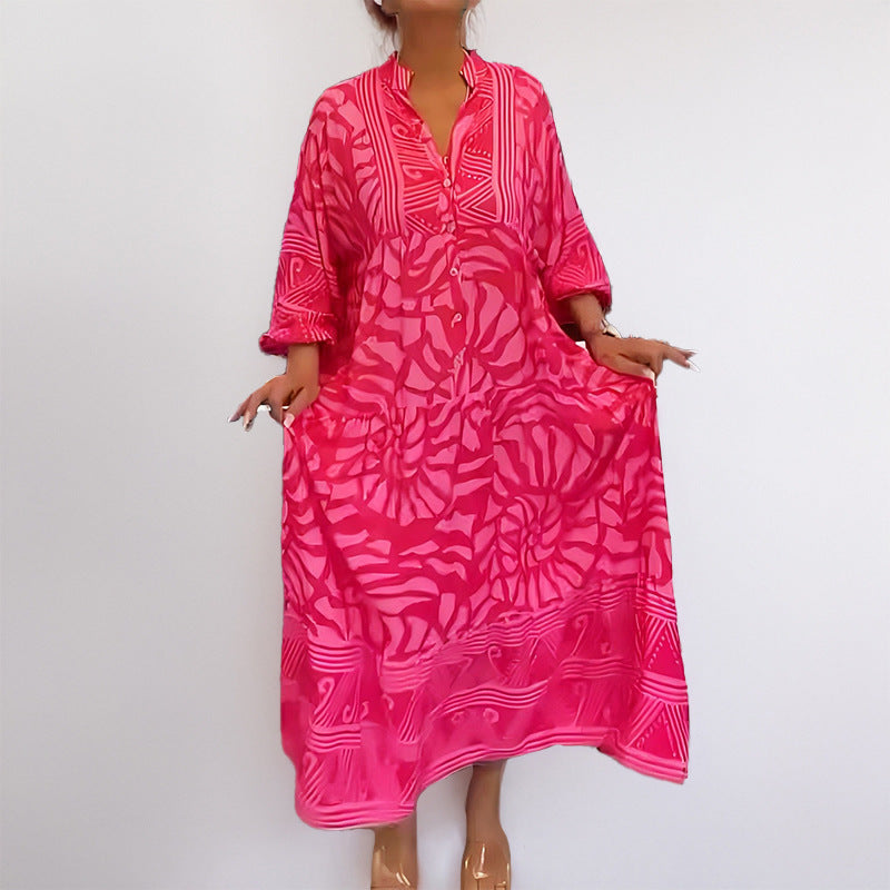 Damen Maxikleid mit Modernem Grafischem Design und Elegantem V-Ausschnitt Aliams