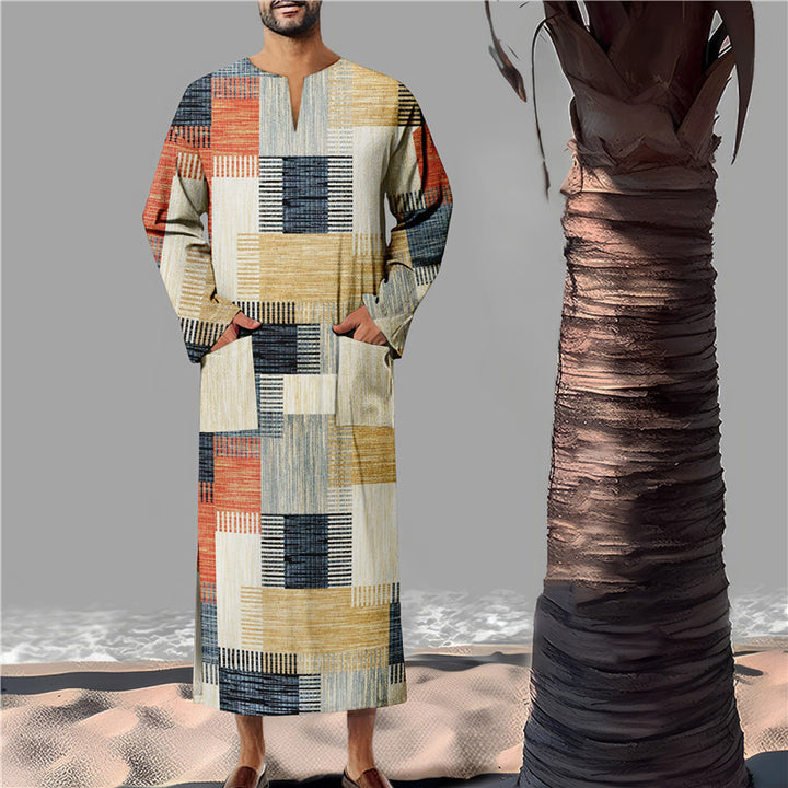 Herren Baumwoll-Kaftan mit modernem geometrischem Muster und praktischen Taschen Aliams