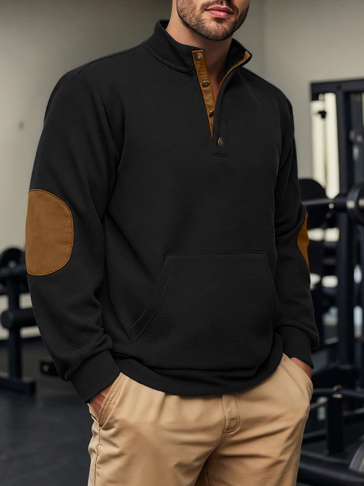 Herren Fleeceshirt mit kurzen Knöpfen und Lederapplikationen Aliams