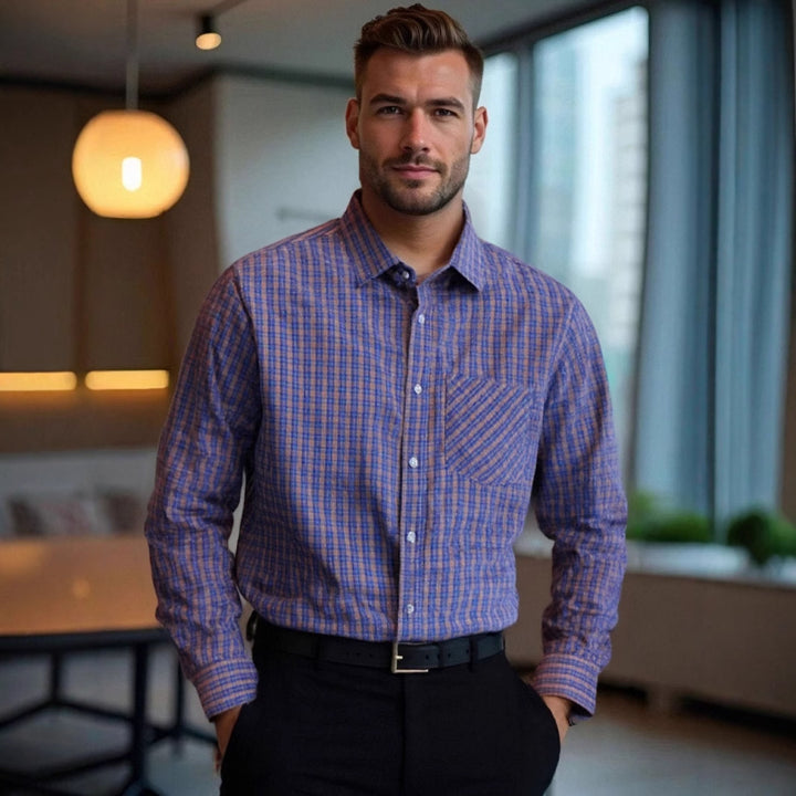 Herren kariertes Langarmhemd mit modischem Schnitt und praktischer Brusttasche Aliams