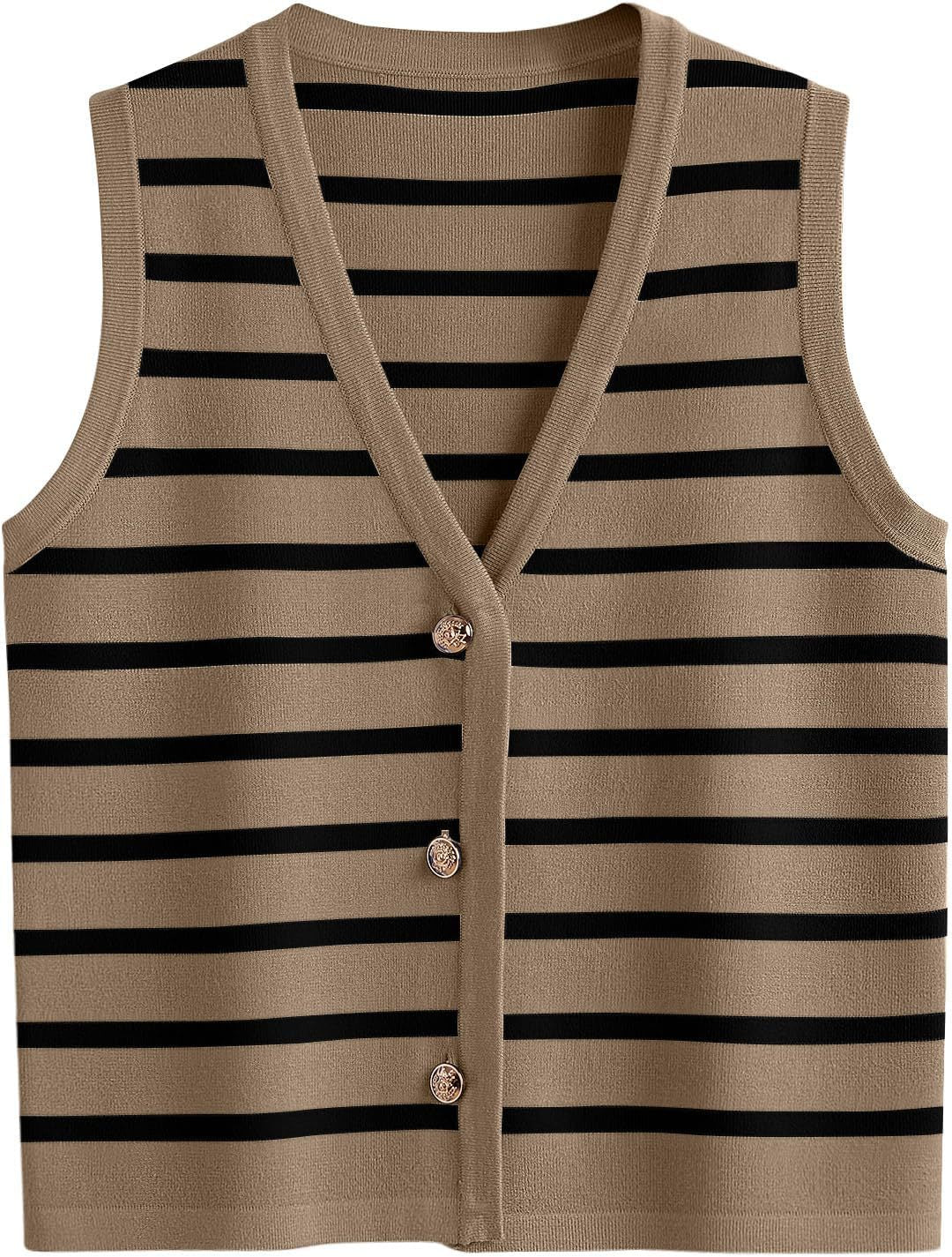 Damen ärmellose Strickweste mit V-Ausschnitt und dekorativen Knöpfen Aliams