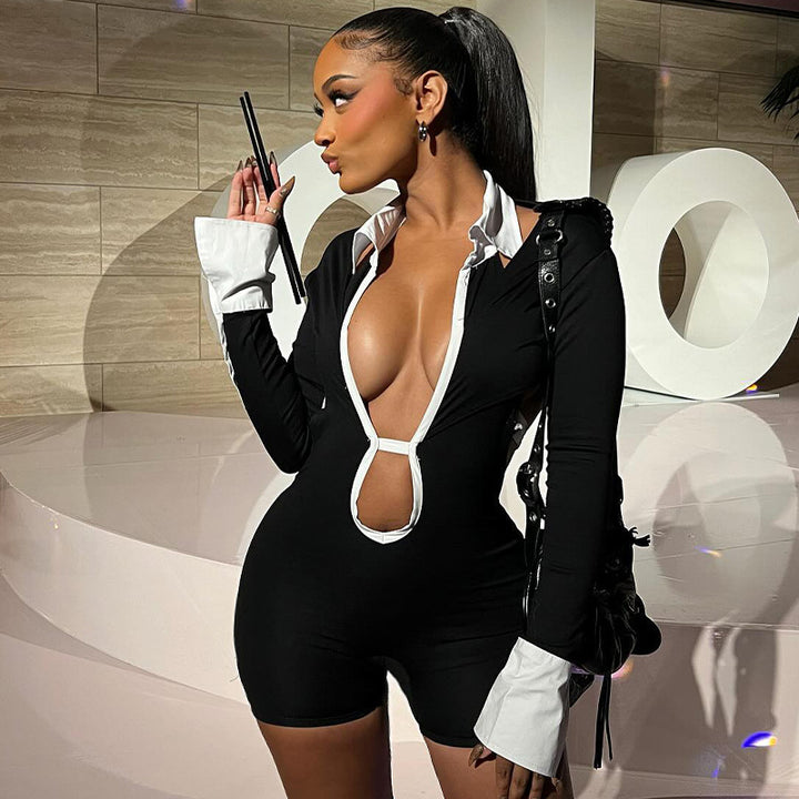 Damen Eleganter Jumpsuit mit tiefem Ausschnitt und kontrastierenden Ärmeln Aliams