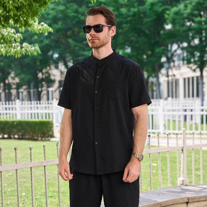 Herren Kurzarmhemd mit eleganten Strukturen und modernem Stehkragen Aliams