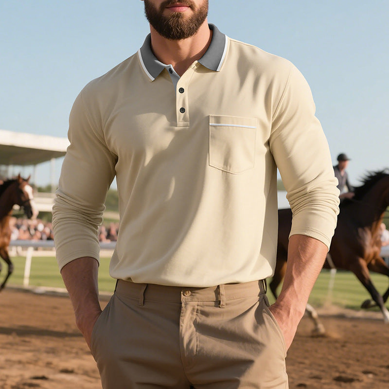 Herren Elegantes Langarm-Polohemd mit modischem Reverskragen und praktischer Brusttasche Aliams