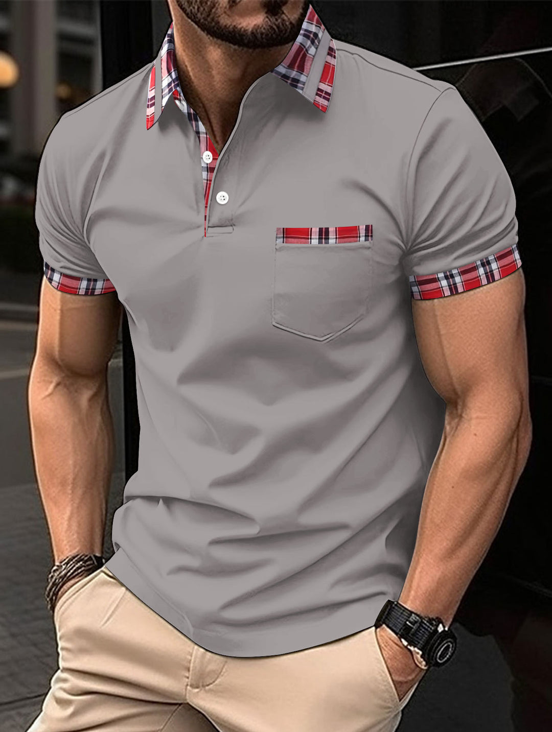 Herren Kurzarm-Casual-Polo mit markanten Karodetails Aliams