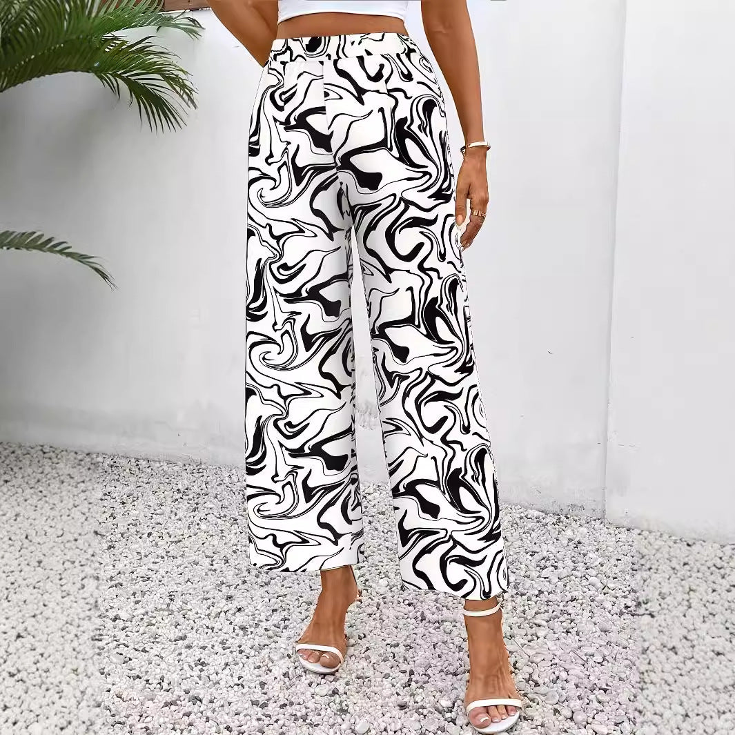 Damen Weite Palazzo-Hose mit Modernem Marmorprint und Elastischem Bund Aliams