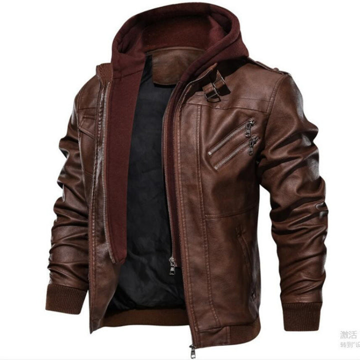 Herren Lederjacke im modernen Biker-Stil mit abnehmbarer Kapuze Aliams