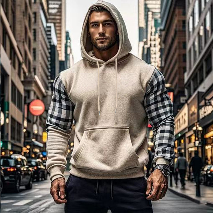 Herren Kapuzenpullover mit modischem Karomuster an den Ärmeln und praktischer Kängurutasche Aliams